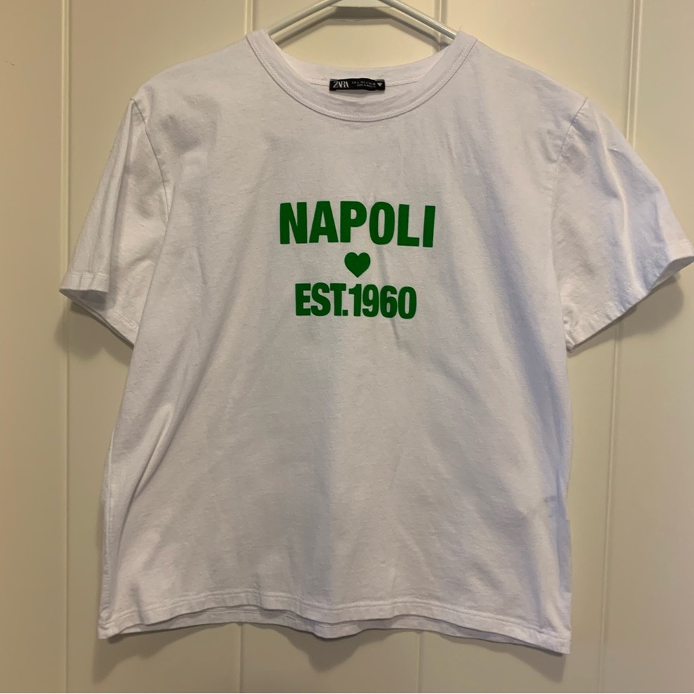 Zara Womans Large White Napoli Kids T-Shirt with Green Print